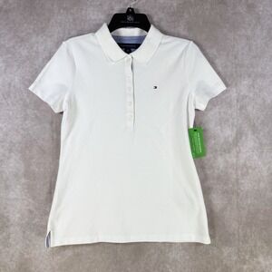 Tommy Hilfiger Polo Shirt Women XS White Short Sleeve Cotton Recycled Stretch